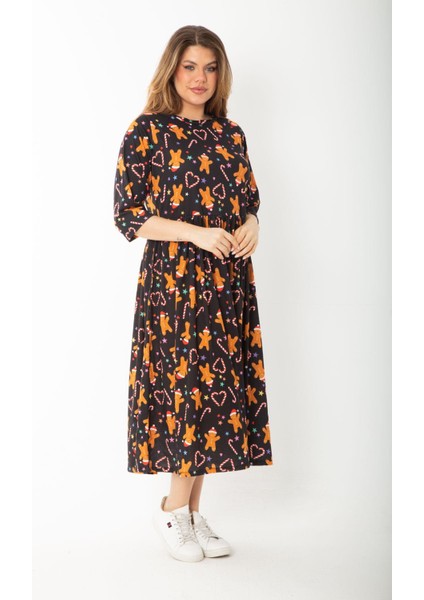 Kadın Büyük Beden Siyah Noel Desenli Belden Büzgülü Kapri Kollu Elbise 65N37427 fırsatları