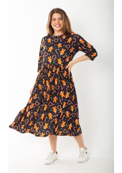 Kadın Büyük Beden Siyah Noel Desenli Belden Büzgülü Kapri Kollu Elbise 65N37427 indirimleri