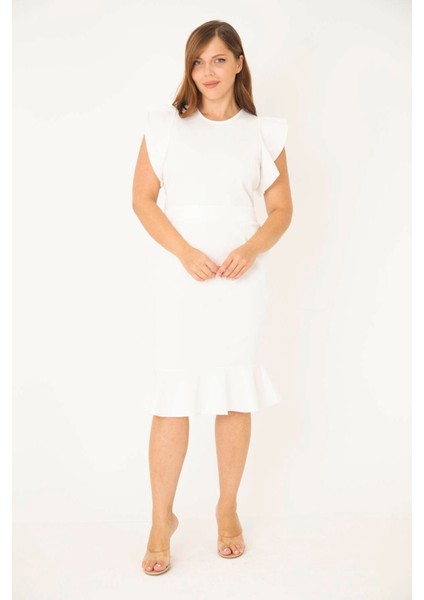 Kadın Büyük Beden Kemik Scuba Kumaş Etek Ucu ve Kolları Volanlı Elbise 65N36853 fiyatları