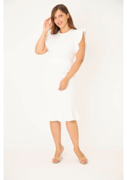 Kadın Büyük Beden Kemik Scuba Kumaş Etek Ucu ve Kolları Volanlı Elbise 65N36853 indirimleri