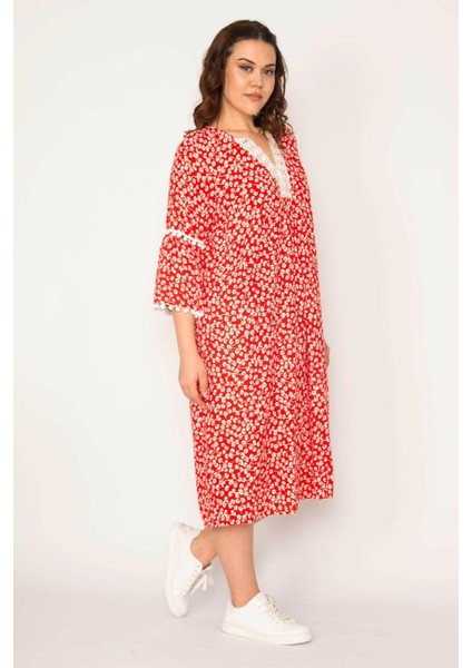 Kadın Kırmızı Dantel Detaylı Dokuma Viskon Kumaş Elbise 65N33209 fiyatları