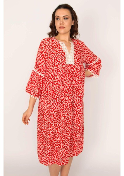 Kadın Kırmızı Dantel Detaylı Dokuma Viskon Kumaş Elbise 65N33209 fırsatları