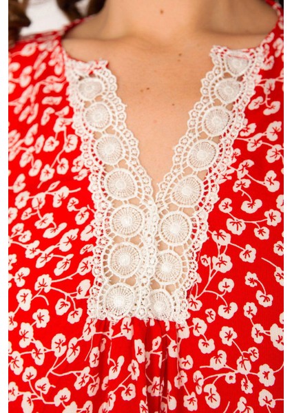 Kadın Kırmızı Dantel Detaylı Dokuma Viskon Kumaş Elbise 65N33209 indirimleri