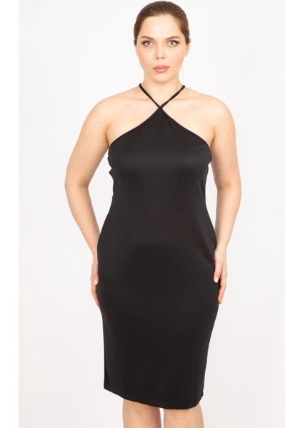 Kadın Siyah Büyük Beden Askılı Elbise 65N35821 fırsatları