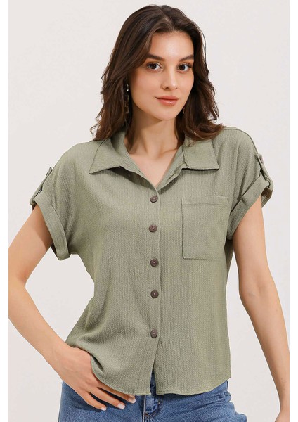 20187 Kısa Kol Oversize Örme Gömlek - Çağla