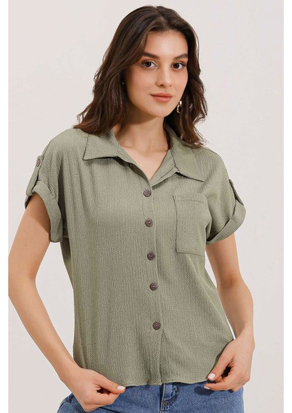 20187 Kısa Kol Oversize Örme Gömlek - Çağla fiyatları