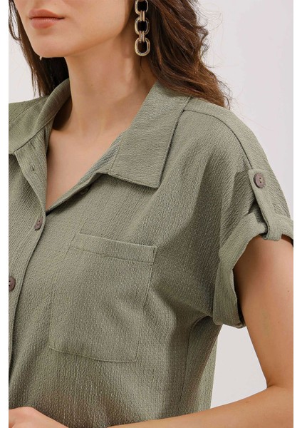 20187 Kısa Kol Oversize Örme Gömlek - Çağla modelleri