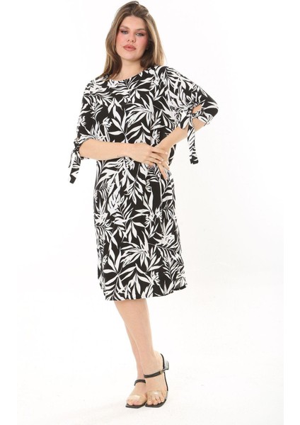 Kadın Büyük Beden Siyah Dokuma Viskon Kumaş Kol Bağcıklı Elbise 65N37865 indirimleri