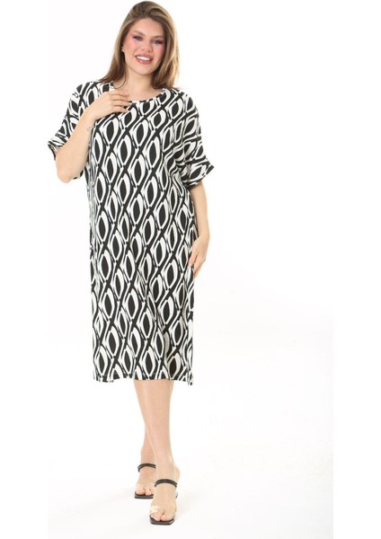 Kadın Büyük Beden Bebe Mavisi Bürümcük Kumaş Kısa Kollu Desenli Elbise 65N37858 fiyatları