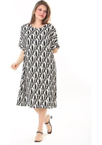 Kadın Büyük Beden Bebe Mavisi Bürümcük Kumaş Kısa Kollu Desenli Elbise 65N37858 indirimleri