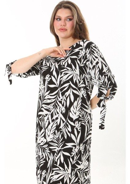 Kadın Büyük Beden Siyah Dokuma Viskon Kumaş Kol Bağcıklı Elbise 65N37865 fırsatları