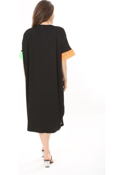 Kadın Büyük Beden Siyah File Ve Süs Düğme Detaylı Rahat Kesim Elbise 65N37859 fiyatları