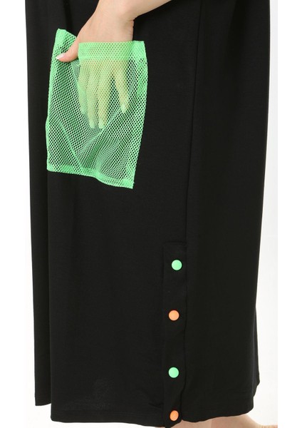 Kadın Büyük Beden Siyah File Ve Süs Düğme Detaylı Rahat Kesim Elbise 65N37859 modelleri