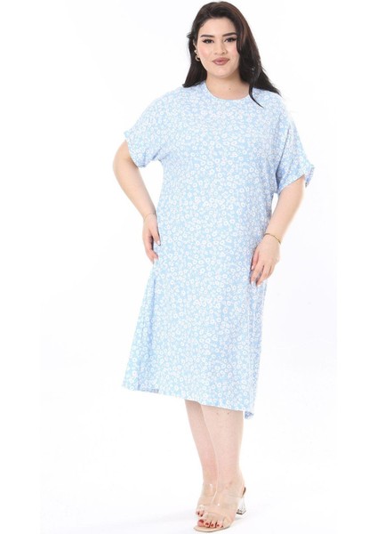 Kadın Büyük Beden Bebe Mavisi Bürümcük Kumaş Kısa Kollu Desenli Elbise 65N37858 modelleri
