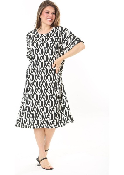 Kadın Büyük Beden Bebe Mavisi Bürümcük Kumaş Kısa Kollu Desenli Elbise 65N37858