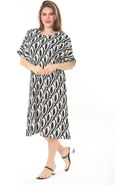 Kadın Büyük Beden Bebe Mavisi Bürümcük Kumaş Kısa Kollu Desenli Elbise 65N37858 fırsatları