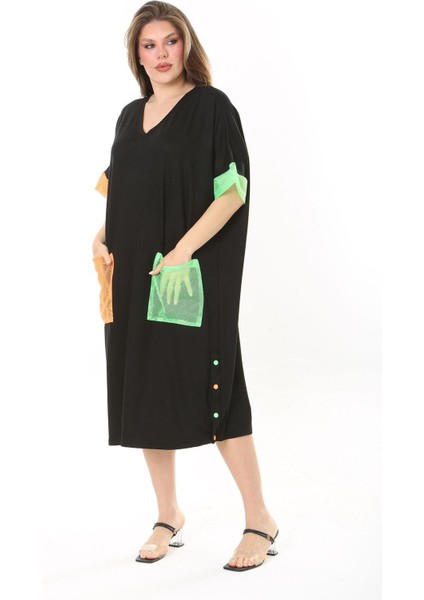 Kadın Büyük Beden Siyah File Ve Süs Düğme Detaylı Rahat Kesim Elbise 65N37859 indirimleri