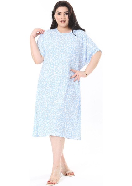 Kadın Büyük Beden Bebe Mavisi Bürümcük Kumaş Kısa Kollu Desenli Elbise 65N37858