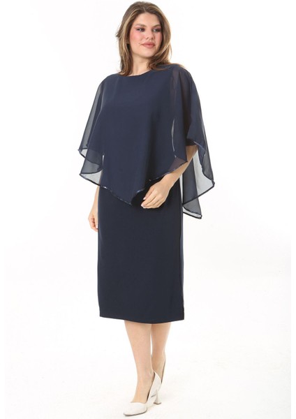 Kadın Büyük Beden Lacivert Şifon Pelerinli Elbise 65N37910 indirimleri