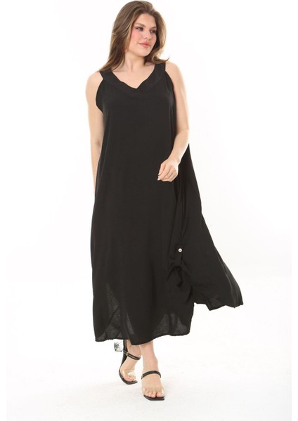 Kadın Büyük Beden Siyah Yan Boy Ayarlı Kolsuz Uzun Elbise 65N37885 fiyatları