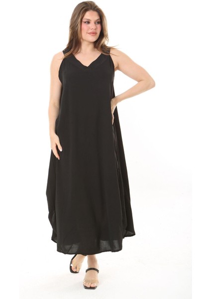 Kadın Büyük Beden Siyah Yan Boy Ayarlı Kolsuz Uzun Elbise 65N37885 indirimleri