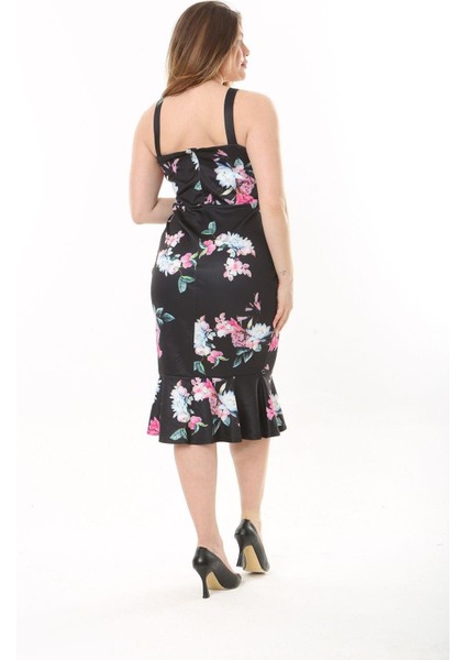 Kadın Büyük Beden Siyah Arka Gizli Fermuarlı Etek Ucu Katlı Askılı Elbise 65N37562 indirimleri