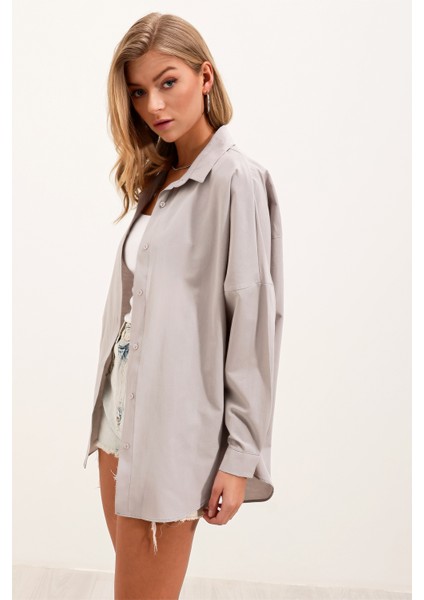 Kadın Gri Düz Oversize Uzun Basic Gömlek 3900 fiyatları