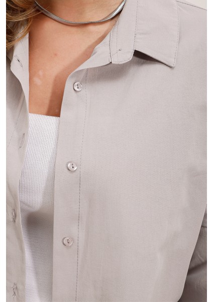 Kadın Gri Düz Oversize Uzun Basic Gömlek 3900 modelleri