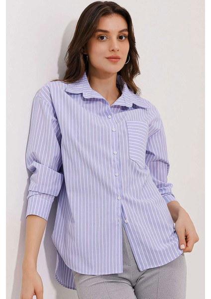 20205 Çizgili Oversize Gömlek - Mavi