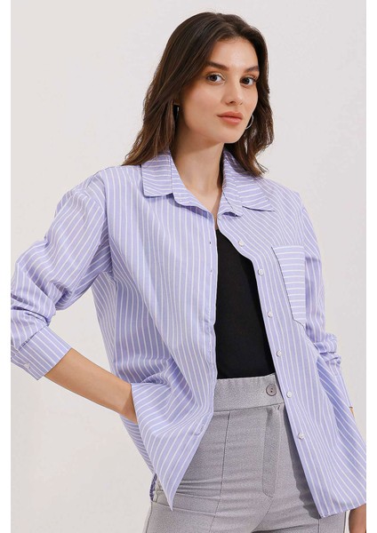 20205 Çizgili Oversize Gömlek - Mavi fiyatları