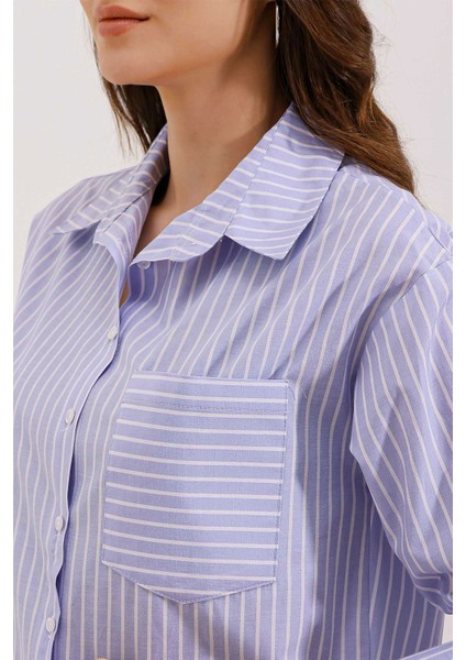 20205 Çizgili Oversize Gömlek - Mavi modelleri