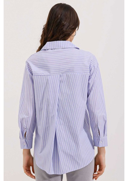 20205 Çizgili Oversize Gömlek - Mavi fırsatları