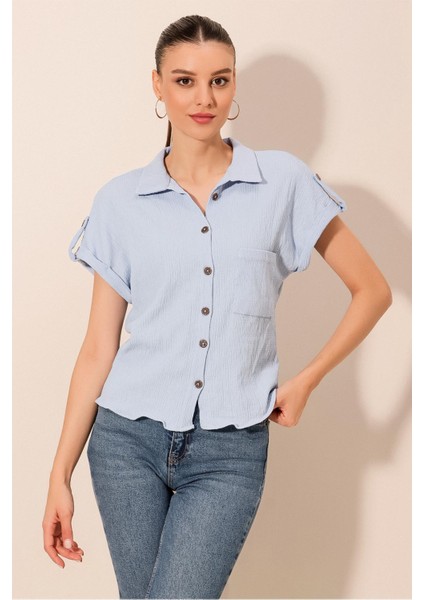 20187 Kısa Kol Oversize Örme Gömlek - Mavi