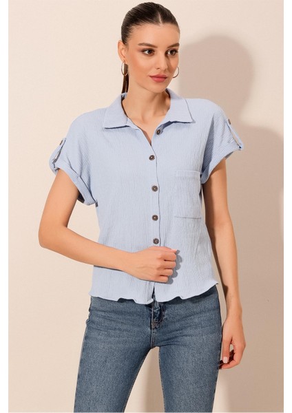 20187 Kısa Kol Oversize Örme Gömlek - Mavi