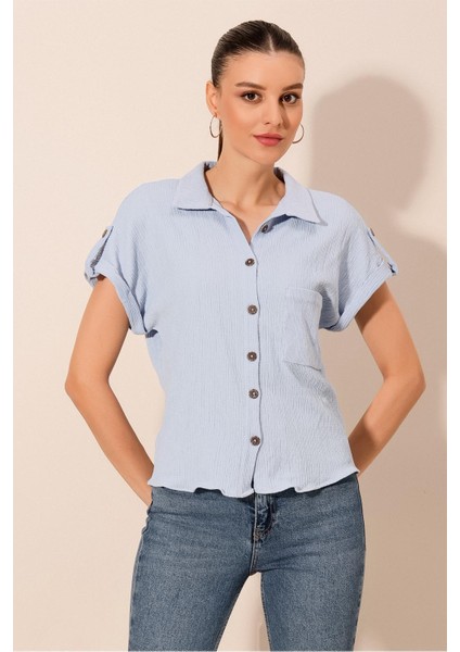 20187 Kısa Kol Oversize Örme Gömlek - Mavi