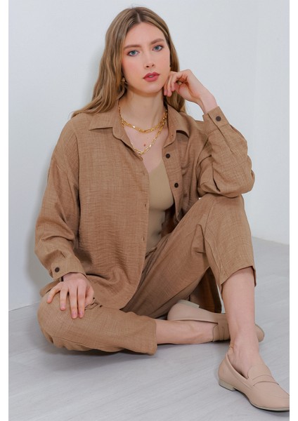Kadın Camel Oversize Keten Alt Üst Takım 6622