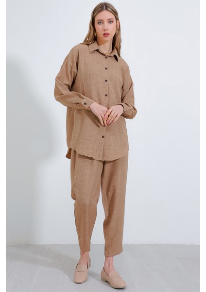 Kadın Camel Oversize Keten Alt Üst Takım 6622 modelleri