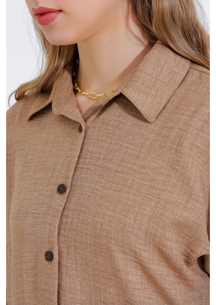 Kadın Camel Oversize Keten Alt Üst Takım 6622 fırsatları