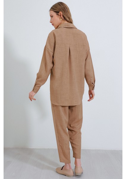 Kadın Camel Oversize Keten Alt Üst Takım 6622 indirimleri