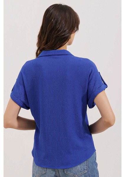20187 Kısa Kol Oversize Örme Gömlek - Saks