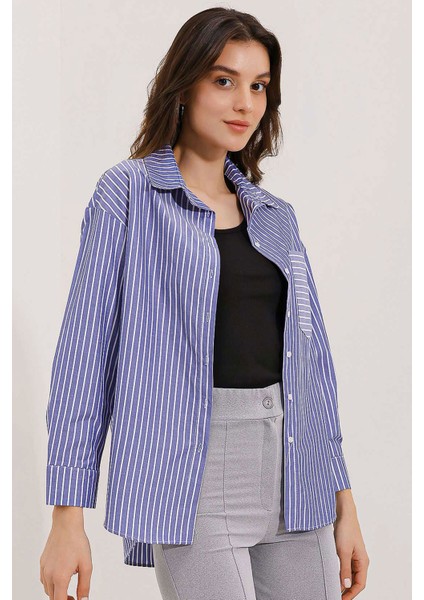 20205 Çizgili Oversize Gömlek - Lacivert fiyatları