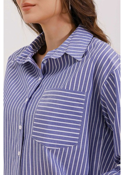 20205 Çizgili Oversize Gömlek - Lacivert fırsatları
