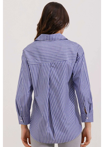 20205 Çizgili Oversize Gömlek - Lacivert indirimleri