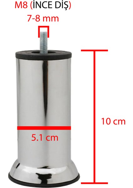 Baza Ayağı Koltuk Ayağı Yükseltme Ayağı Metal Ayak 4 Adet 10 cm (M8 İnce Diş)