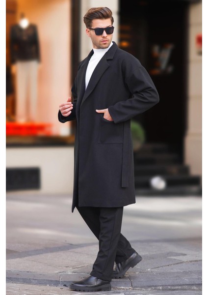 Siyah Kruvaze Yaka Uzun Kaşe Kaban 7215 fiyatları