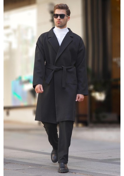 Siyah Kruvaze Yaka Uzun Kaşe Kaban 7215 modelleri