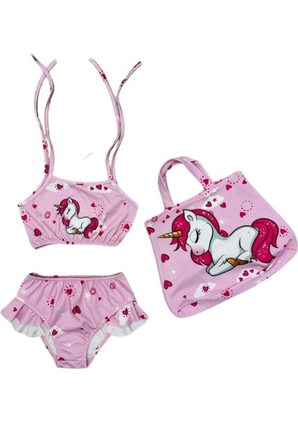 Kız Çocuk Çantalı Fırfırlı Unicorn Baskılı Koyu Pembe Üçlü Bikini Takımı