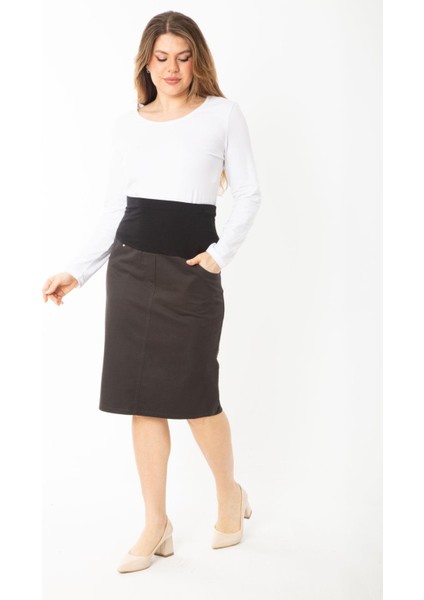 Kadın Büyük Beden Kahve Beli Penye Kumaş Geniş Korsaj Kemerli 4 Cepli Gabardin Etek 65N37392