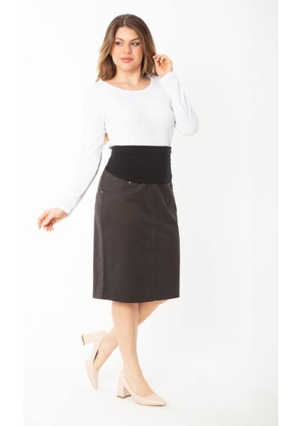 Kadın Büyük Beden Kahve Beli Penye Kumaş Geniş Korsaj Kemerli 4 Cepli Gabardin Etek 65N37392