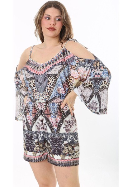 Kadın Büyük Beden Renkli Omuz Dekolteli Şort Tulum 65N37993